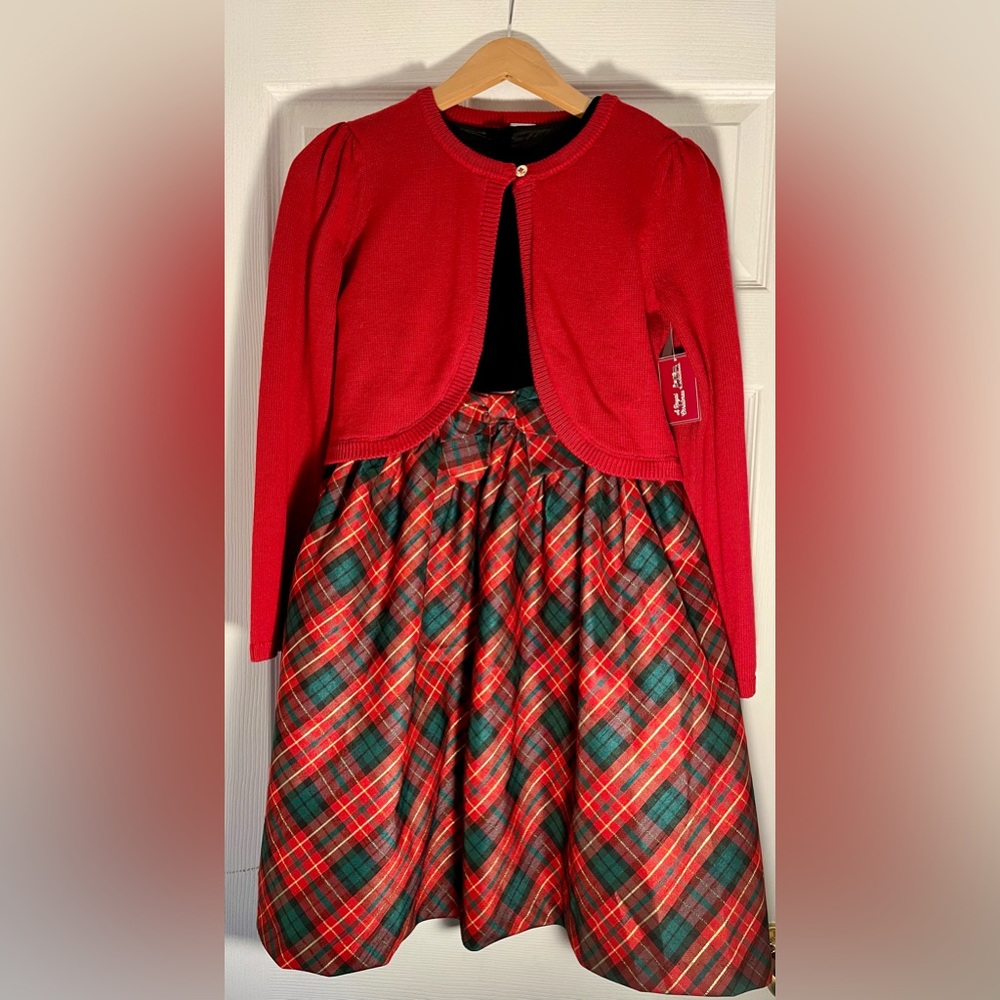 Girls Gymboree Red Tartan Plaid Christmas Dress + Red Ruffle Cardigan Size 12